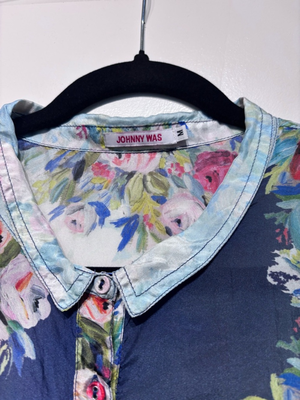 Johnny Was Silk Floral Button Front Top in Blue, Pink, Green - Picture 2 of 12